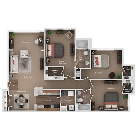 Floor plan for 3 beds, 2 baths, 1362 sqft