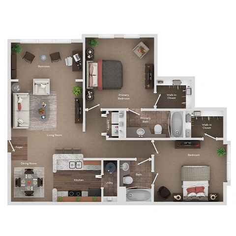 Floor plan for 2 beds, 2 baths, 1158 sqft