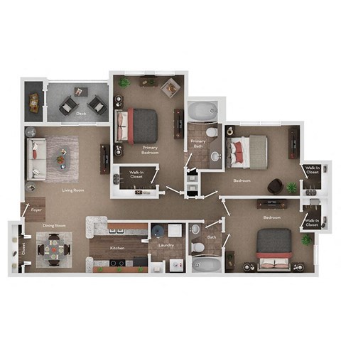 Floor plan for 3 beds, 2 baths, 1357 sqft