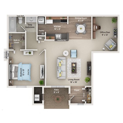 Floor plan for 1 bed, 1 bath, 875 sqft