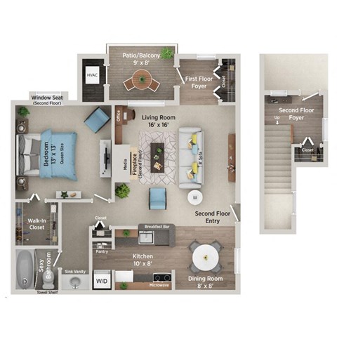 Floor plan for 1 bed, 1 bath, 775 sqft