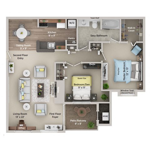 Floor plan for 2 beds, 1 bath, 950 sqft