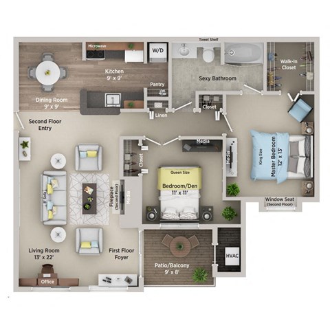 Floor plan for 2 beds, 1 bath, 950 sqft