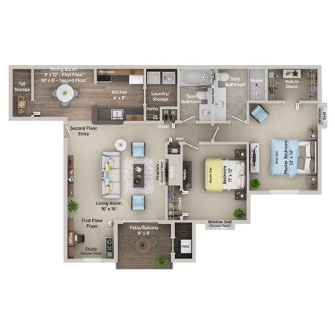 Floor plan for 2 beds, 2 baths, 1050 sqft