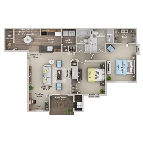 Floor plan for 2 beds, 2 baths, 1050 sqft