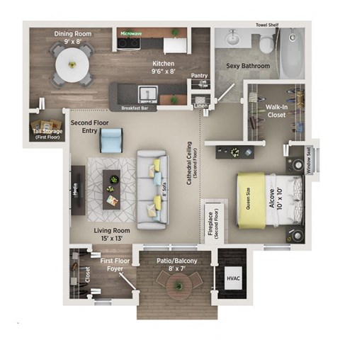 Floor plan for studio, 1 bath, 625 sqft