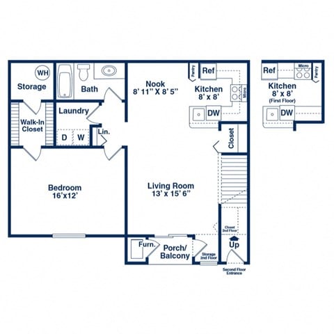 Floor plan for 1 bed, 1 bath, 865 sqft