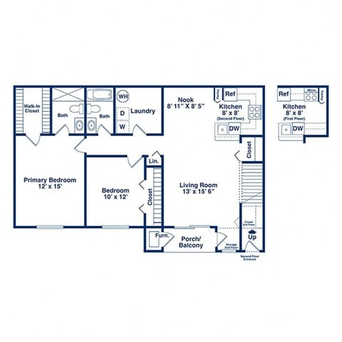 Floor plan for 2 beds, 2 baths, 1100 sqft