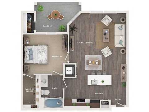 Floor plan for 1 bed, 1 bath, 845 sqft