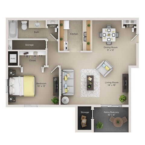 Floor plan for 1 bed, 1 bath, 714 sqft