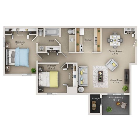 Floor plan for 2 beds, 1.5 baths, 920 sqft