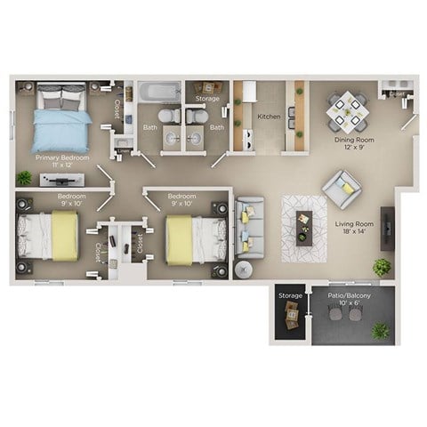 Floor plan for 3 beds, 1.5 baths, 950 sqft