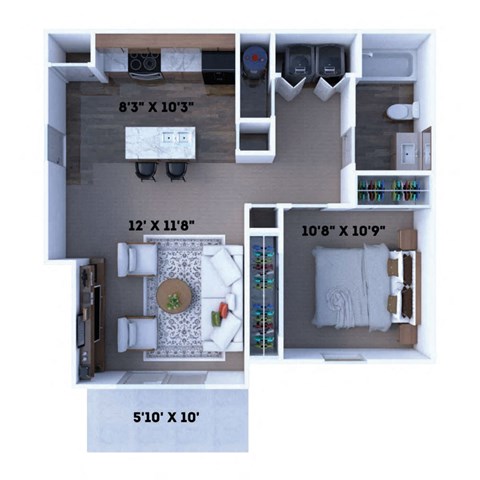 Floor plan for 1 bed, 1 bath, 681 sqft