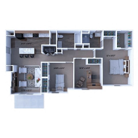 Floor plan for 3 beds, 2 baths, 1225 sqft