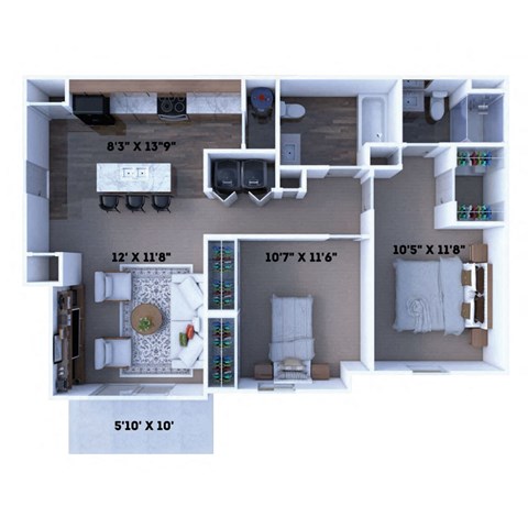 Floor plan for 2 beds, 2 baths, 957 sqft
