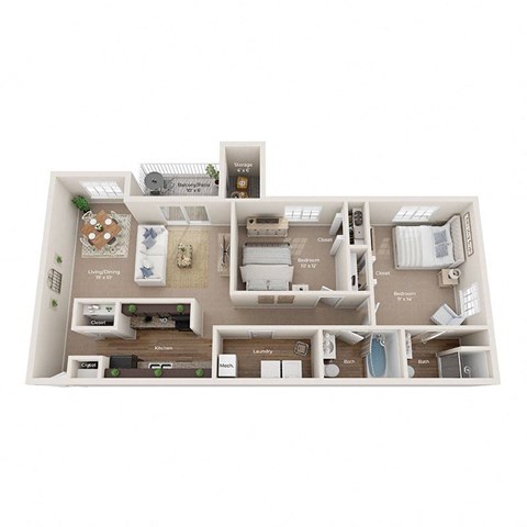 Floor plan for 2 beds, 2 baths, 1017 sqft