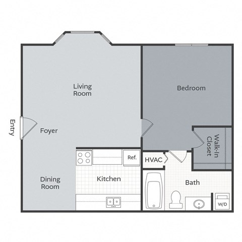 Floor plan for 1 bed, 1 bath, 600 sqft