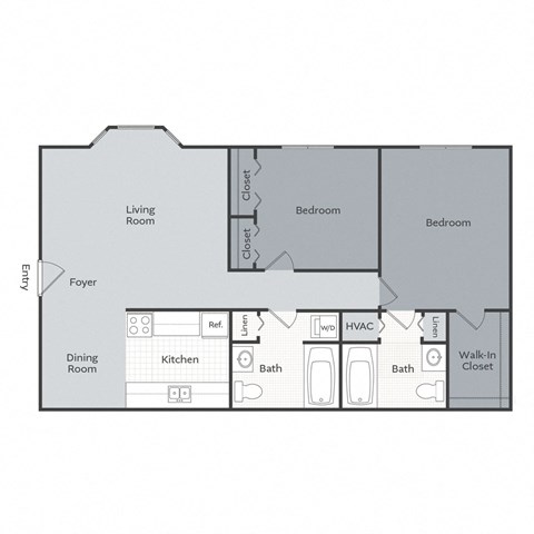 Floor plan for 2 beds, 2 baths, 850 sqft