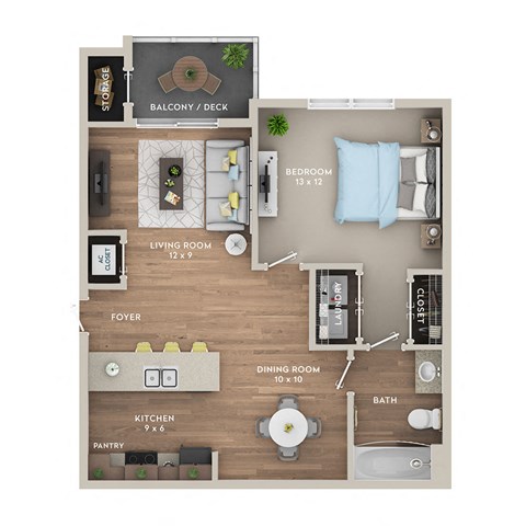 Floor plan for 1 bed, 1 bath, 696 sqft