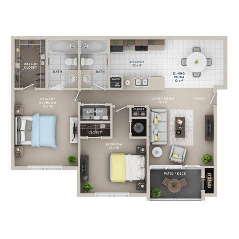 Floor plan for 2 beds, 2 baths, 968 sqft