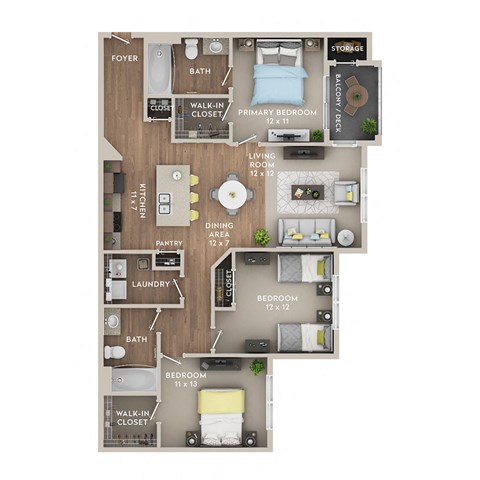 Floor plan for 3 beds, 2 baths, 1252 sqft