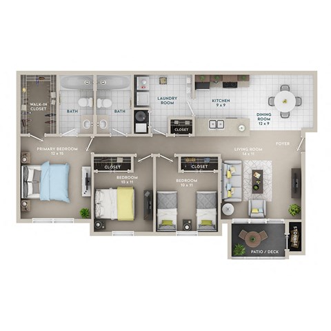 Floor plan for 3 beds, 2 baths, 1161 sqft