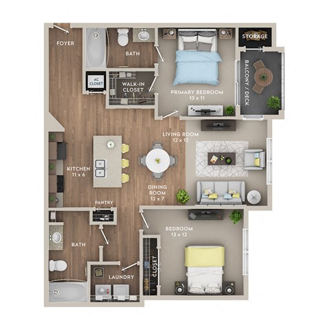 Floor plan for 2 beds, 2 baths, 1050 sqft