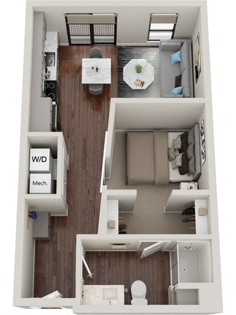 Floor plan for 1 bed, 1 bath, 553 sqft
