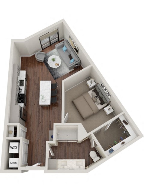 Floor plan for 1 bed, 1 bath, 704 sqft