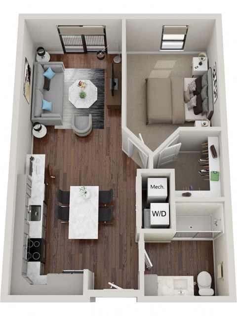 Floor plan for 1 bed, 1 bath, 710 sqft