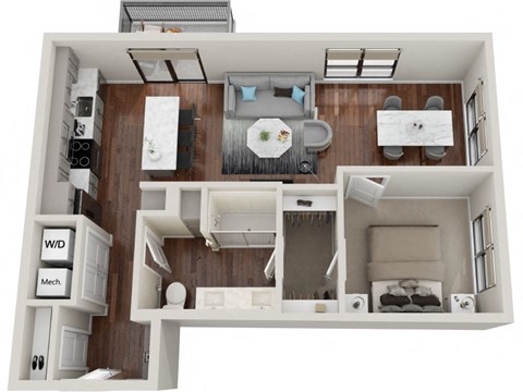 Floor plan for 1 bed, 1 bath, 766 sqft