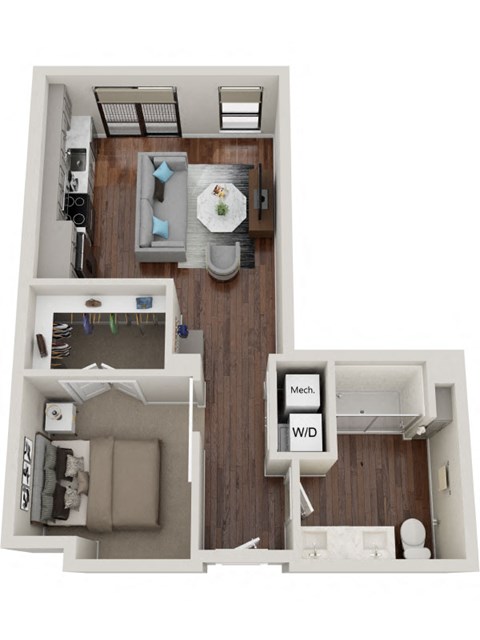 Floor plan for 1 bed, 1 bath, 590 sqft