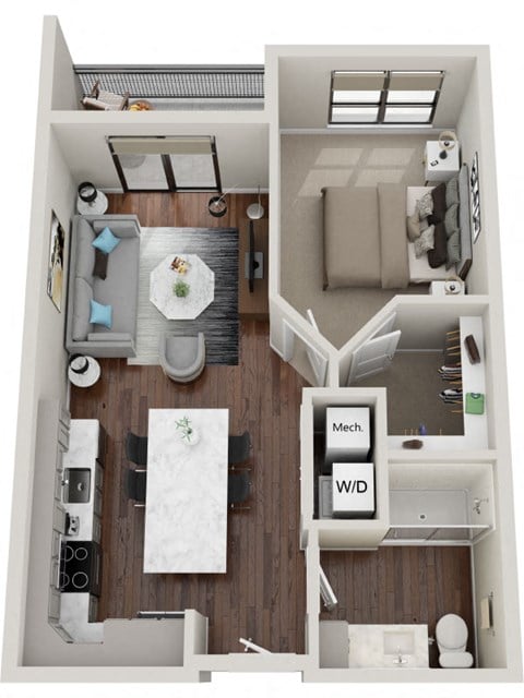 Floor plan for 1 bed, 1 bath, 635 sqft