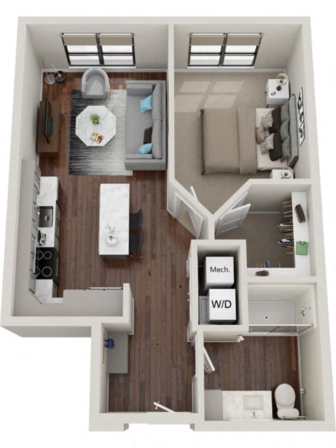 Floor plan for 1 bed, 1 bath, 635 sqft