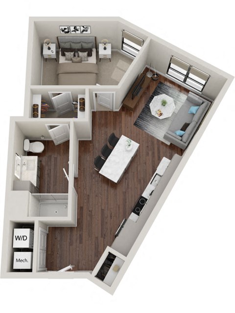 Floor plan for 1 bed, 1 bath, 672 sqft