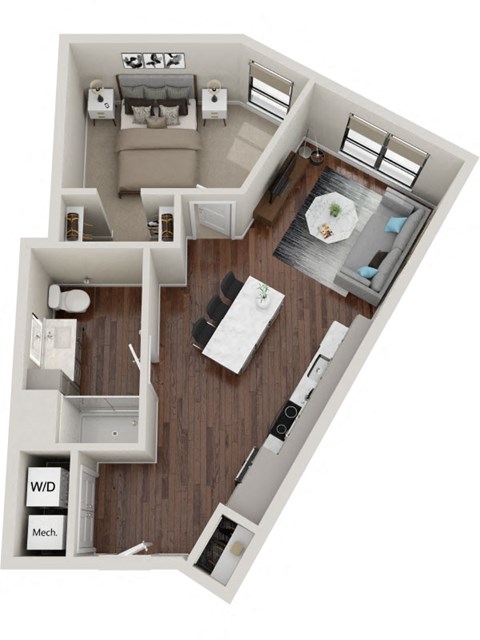 Floor plan for 1 bed, 1 bath, 672 sqft