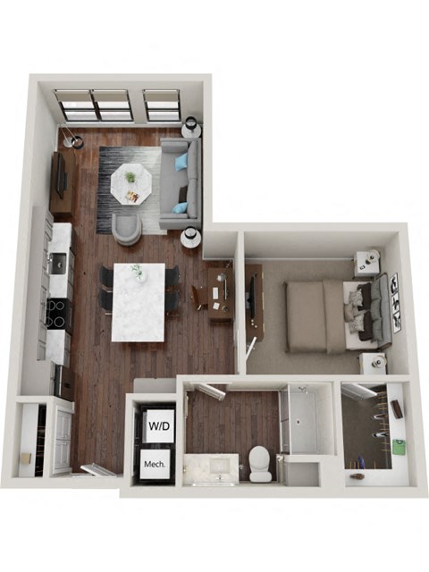 Floor plan for 1 bed, 1 bath, 679 sqft