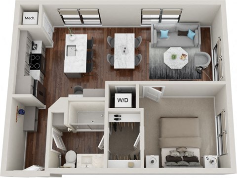 Floor plan for 1 bed, 1 bath, 685 sqft