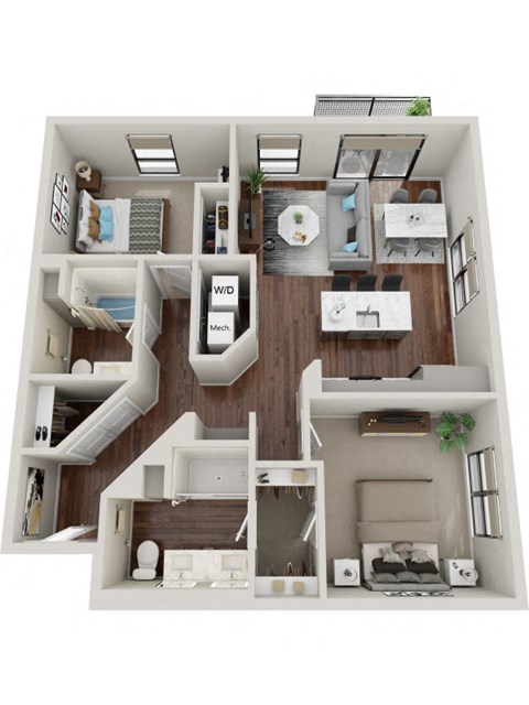 Floor plan for 2 beds, 2 baths, 1055 sqft