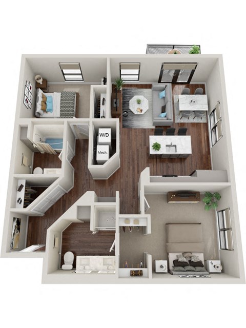 Floor plan for 2 beds, 2 baths, 1055 sqft