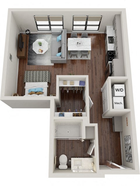 Floor plan for studio, 1 bath, 579 sqft