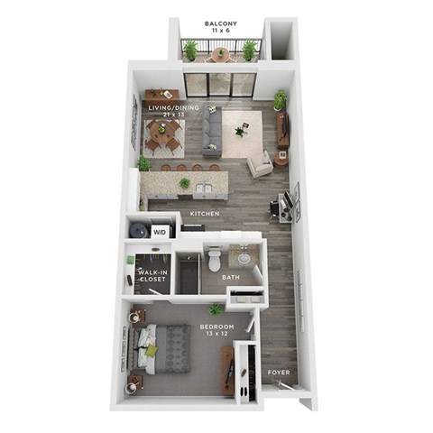Floor plan for 1 bed, 1 bath, 850 sqft