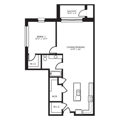 Floor plan for 1 bed, 1 bath, 1015 sqft