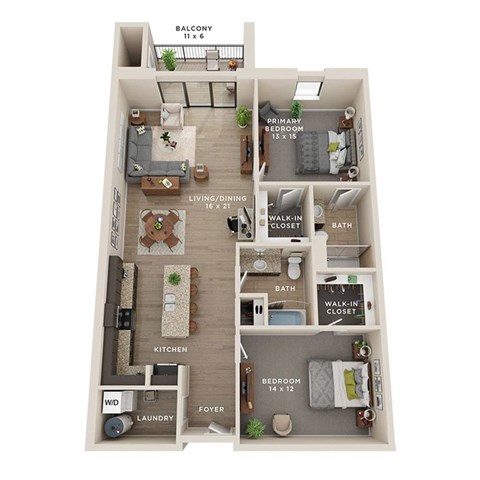 Floor plan for 2 beds, 2 baths, 1175 sqft