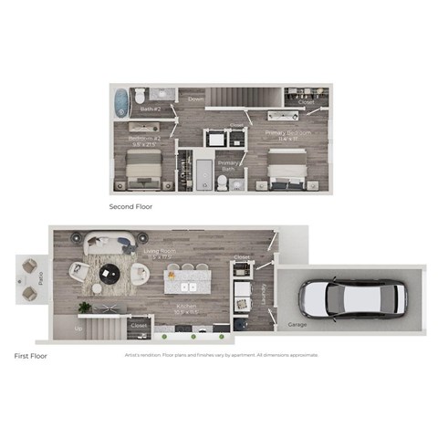 Floor plan for 2 beds, 2 baths, 1050 sqft