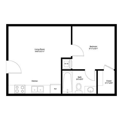Floor plan for 1 bed, 1 bath, 414 sqft