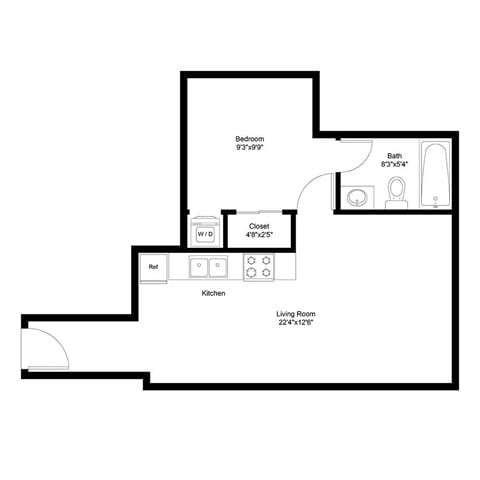 Floor plan for 1 bed, 1 bath, 500 sqft
