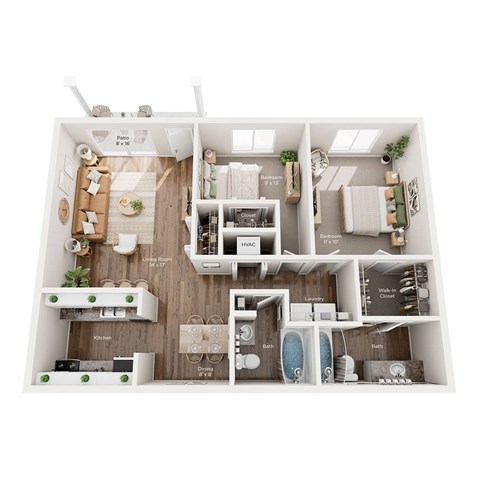 Floor plan for 2 beds, 2 baths, 996 sqft