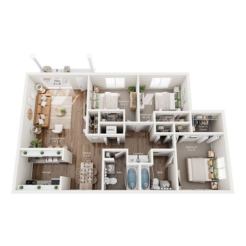 Floor plan for 3 beds, 2 baths, 1153 sqft