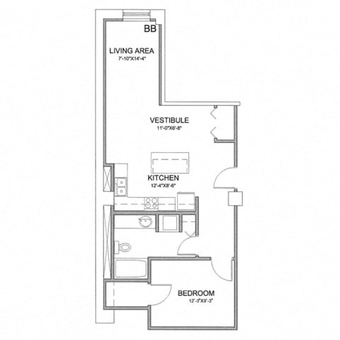 Floor plan for 1 bed, 1 bath, 660 sqft